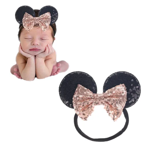 Vista 14 de Diadema de orejas de ratón con lazo de lentejuelas, banda elástica suave para el pelo, diadema de fiesta para bebés, niñas recién nacidas, niños