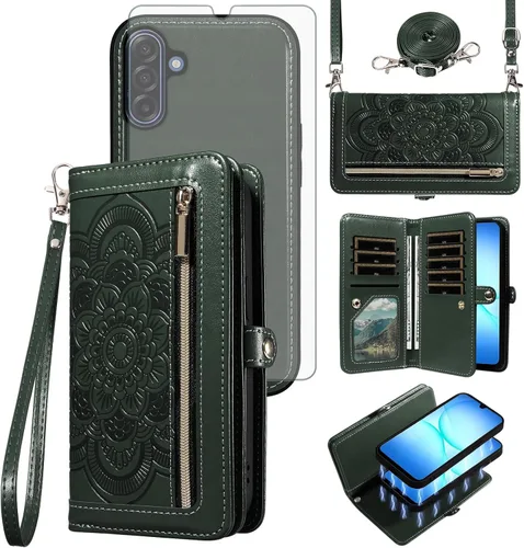 Vista 12 de Asuwish Funda de teléfono para Samsung Galaxy A17 5G con cremallera, funda de celular desmontable con protector de pantalla de vidrio templado Verde