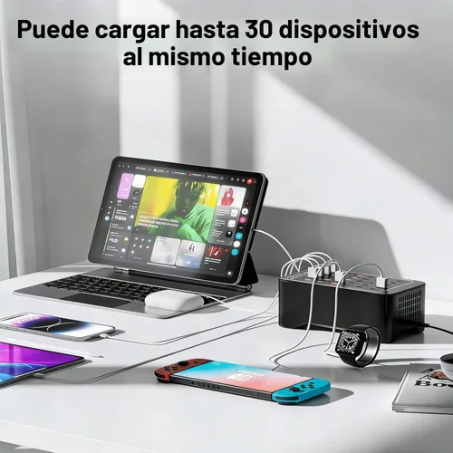 Vista 8 de Estación de carga USB C de 150 W, cargador rápido de múltiples dispositivos de 30 puertos (15 USB-C + 15 USB-A), cargador de escritorio, compatible