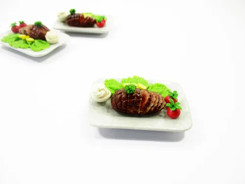 Vista 5 de Casa de muñecas Miniaturas Comida Glaseado Jamón Filete Jamón Miel 1:6 Suministro 15846 Glazed honey ham steak meat food clay, tiny barbecue diner