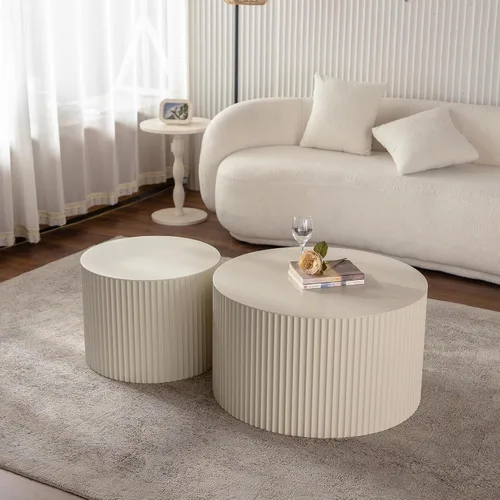 Vista 30 de Juego de 2 mesas auxiliares redondas de 42.52 pulgadas, color blanco, para sala de estar, diseño contemporáneo de círculo de madera en relieve, sin