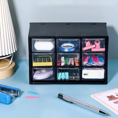 Vista 2 de Rtteri Mini organizador de cajones de plástico de 9 piezas, caja de almacenamiento de escritorio, organizador de manualidades con 9 cajones Negro