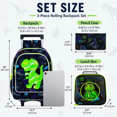 Vista 6 de WZLVO 4 mochilas con ruedas de dinosaurio para niños, juego escolar con ruedas geniales con lonchera, mochila escolar resistente al agua con ruedas