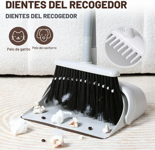 Vista 4 de Juego de escoba y recogedor de mango largo de 54 pulgadas, combo perfecto para limpieza eficiente, marrón y blanco