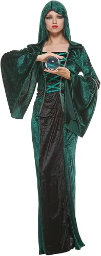 Vista 3 de EraSpooky Vestido de hechicera con capucha para mujer, disfraz de bruja medieval renacentista retro