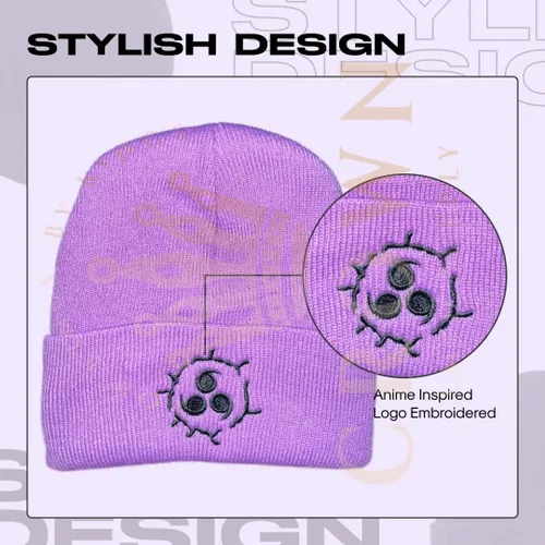 Vista 2 de Gorro de invierno de anime para hombres y mujeres, gorro de punto con puños, cómodo y suave, bordado de anime