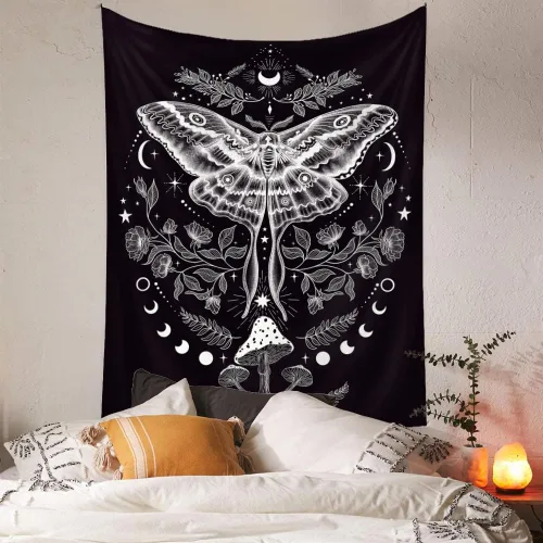 Vista 3 de Naykow Tapiz gótico de polilla de mariposa, hippie y emo, grunge, gótico, champiñón, bruja para dormitorio, estético, vertical, vertical, vintage
