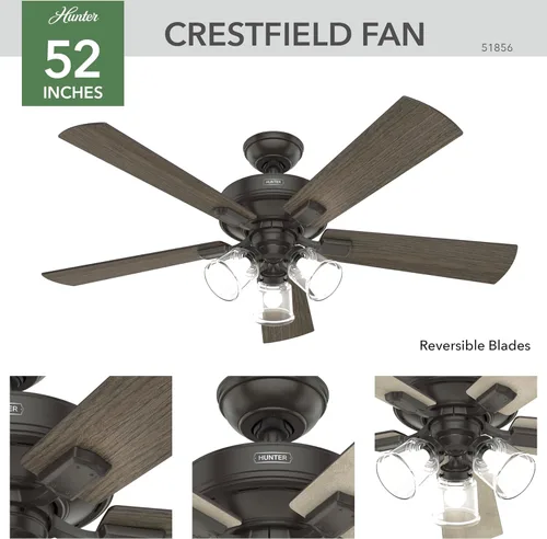 Vista 4 de Hunter Crestfield - Ventilador de techo para interiores, 5 aspas, 52 pulgadas, bronce noble with LED Lights and Remote Control, Standard Mount