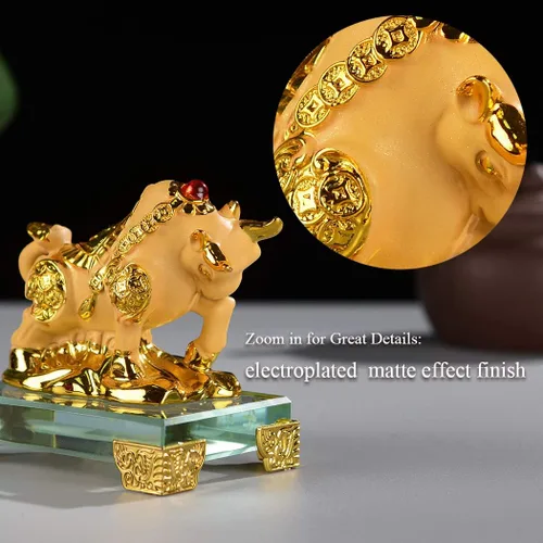 Vista 7 de BRASSTAR Estatua de Toro Feng Shui de resina esmerilada con base de vidrio Zodiaco chino Decoración de mesa de oficina en casa Figura de regalo