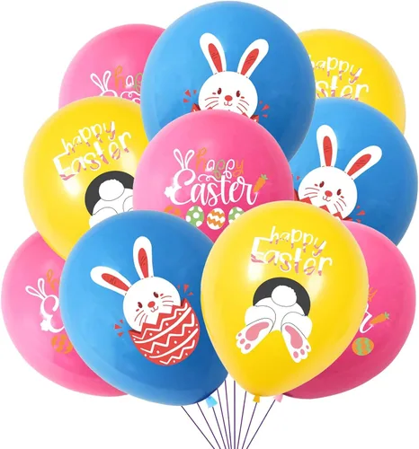 Vista 9 de Globos de Pascua con diseño de huevos de conejo, globos de fiesta verde, rosa, azul, amarillo, para fiesta temática de Pascua, suministros