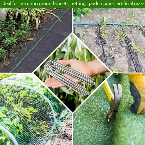 Vista 4 de Zerodis 50 clavos de tierra de jardinería, estacas de acero inoxidable, reutilizables, oblicuos, recortes, estacas de tierra para fijar telas
