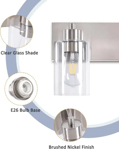 Vista 4 de Lámparas de baño, lámpara de tocador de 2 luces de níquel cepillado, apliques de pared modernos con pantalla de vidrio transparente para pasillo