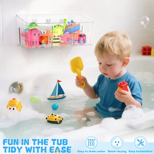 Vista 4 de Lysam Almacenamiento de juguetes de baño, 2 paquetes, soporte grande para juguetes de baño con 3 compartimentos, organizador de juguetes de bañera