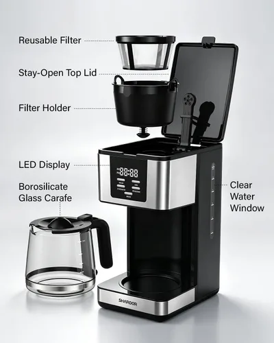 Vista 7 de SHARDOR Cafetera programable de 12 tazas, regular y audaz, pantalla LED