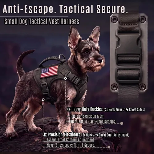 Vista 8 de Arnés táctico para perros pequeños, chaleco para perros de servicio militar con mango de goma, arnés de entrenamiento ajustable K9 con paneles MOLLE