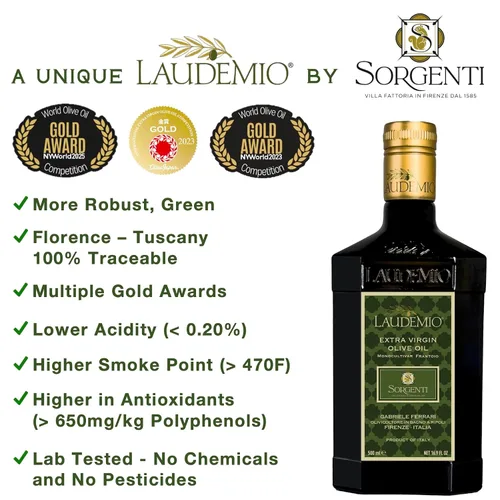 Vista 2 de Laudemio Sorgenti, Aceite de Oliva Extra Virgen Rico en Polifenoles de la Toscana +650 mg/kg, Cosecha Temprana Fresca 2024-2025, Premio de Oro
