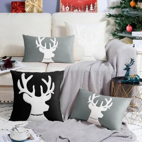 Vista 4 de BRAWARM Christmas Reindeer Pillow Cover 18x18 Black Velvet Embroidered Reno negro