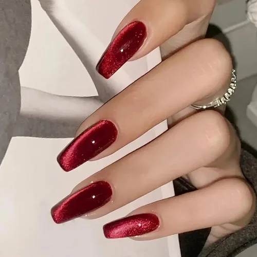 Vista 19 de MISUD Uñas postizas largas con diseño de ataúd con oro negro, diseño acrílico de copo de nieve con purpurina, 24 piezas