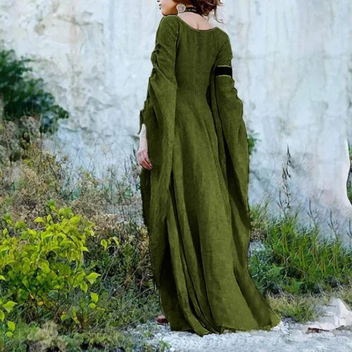 Vista 3 de Ymosrh Disfraces de Halloween para mujer, vestido renacentista, medieval, manga trompeta, vestido largo, vestido largo, vestido largo, disfraces