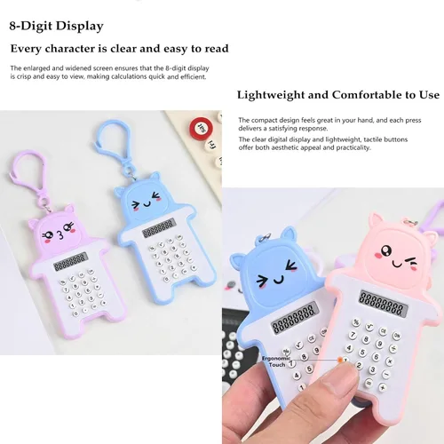 Vista 2 de Paquete de 6 mini calculadoras digitales con llavero bonito, pantalla LCD de 8 dígitos, diseño de dibujos animados, portátil para la escuela