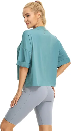 Vista 5 de icyzone Camisetas atléticas de entrenamiento de manga corta con cuello redondo para mujer