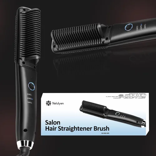 Vista 5 de Cepillo alisador iónico para cabello lacio o rizado, peinado suave, ligero peine caliente revestimiento de cerámica de doble voltaje, herramientas