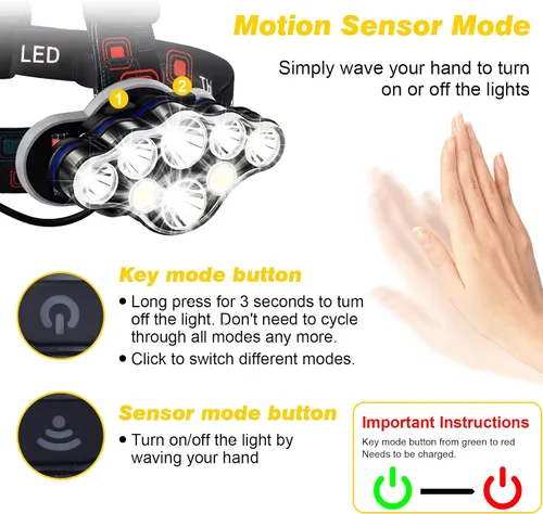 Vista 4 de Elmchee Linterna frontal recargable, 18000 lúmenes, lámpara de cabeza brillante de 8 LED, 16 modos de luz ajustable con sensor de movimiento con luz
