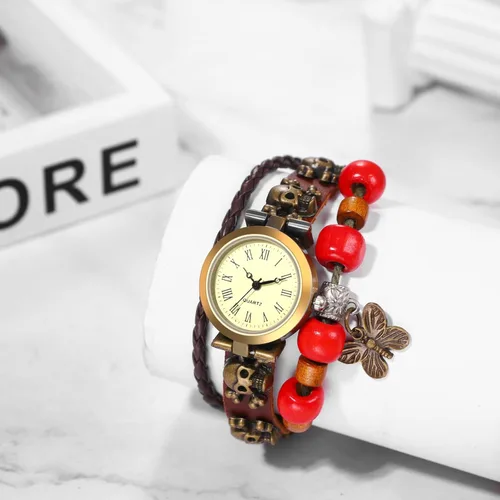 Vista 4 de JewelryWe Reloj de pulsera de cuero de moda para mujer, estilo clásico, bohemio, cuarzo, pulsera