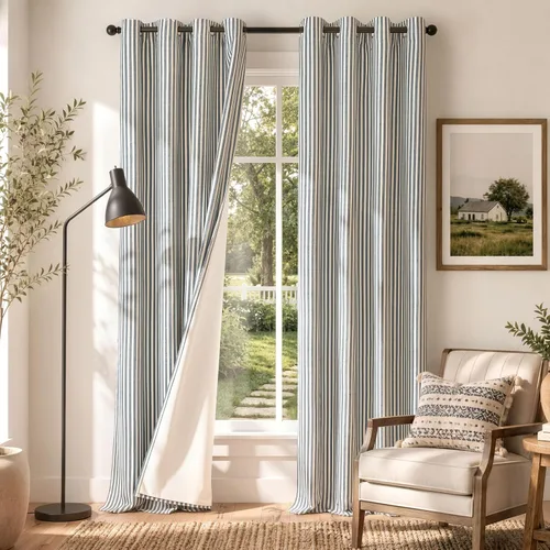 Vista 21 de Cortinas de cocina estilo granja a rayas Vangao de 24 pulgadas de largo, cortinas de lino para café, cortinas de nivel con rayas, cortinas Boxter