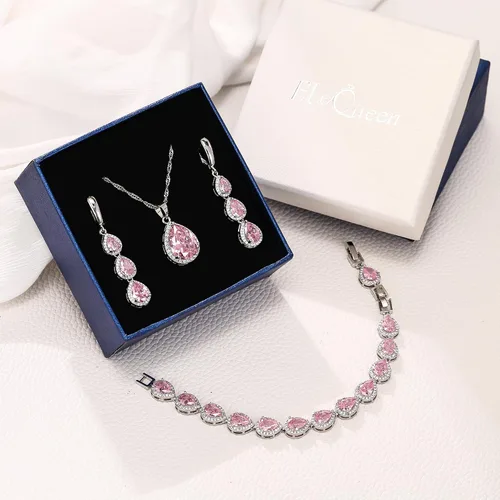Vista 2 de EleQueen Juego de collar con colgante de gota de agua, aretes largos y pulseras de tenis, circonita cúbica brillante, lágrima, joyería de boda