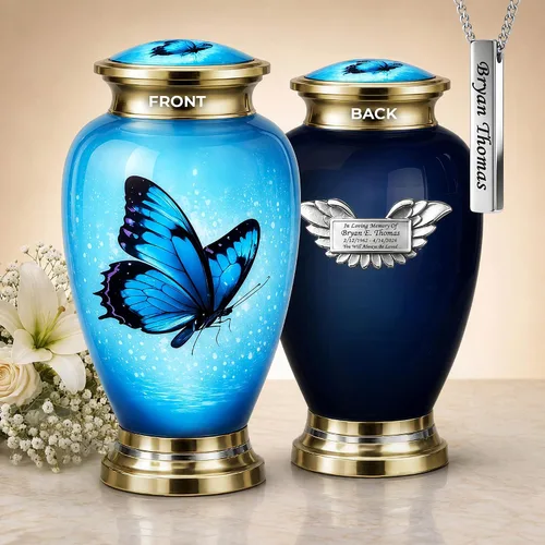 Vista 9 de Juego de 6 urnas de cremación decorativas personalizadas con diseño de mariposa azul para cenizas humanas, incluye 1 urna grande para cenizas