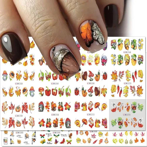 Vista 3 de 500 patrones de calcomanías de uñas de otoño para mujer, calcomanías de agua de dibujos animados, calabaza, hongo, hoja de arce, calcomanías