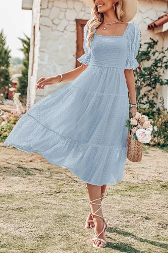 Vista 8 de MEROKEETY - Vestido de verano con lunares suizos para mujer vestido midi con cuello cuadrado, mangas abombadas, volados, lazo en la espalda