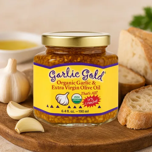 Vista 5 de Garlic Gold Gránulos de ajo tostado orgánico en aceite de oliva virgen extra, ajo crujiente en aceite de oliva, tarro de vidrio de 6.4 oz