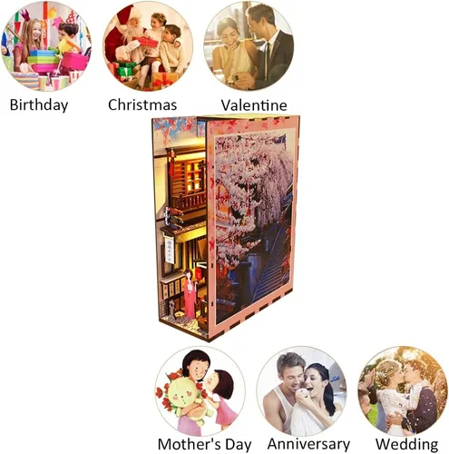 Vista 4 de Rompecabezas de madera 3D con caja de música de luz sensor, kit de montaje de rincón de libros en miniatura para casa de muñecas, sujetalibros, kit