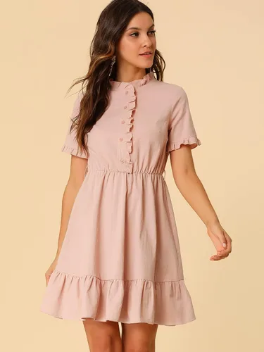 Vista 5 de Allegra K Vestido camisero de algodón ajustado y acampanado para mujer con cinturón y botones frontales con volantes, M