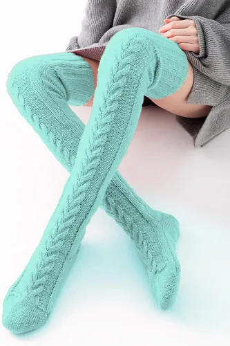 Vista 5 de Pcavin Calcetines altos hasta el muslo para mujer, por encima de la rodilla, calcetines de punto trenzado, calentadores de piernas largos y cálidos