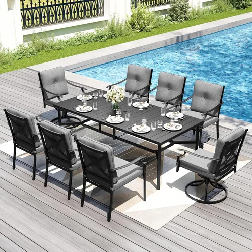 Vista 15 de PHI VILLA - Juego de comedor para exterior de 7 piezas para 6, mesa rectangular de acero negro con sillas fijas y giratorias de hierro, gran juego