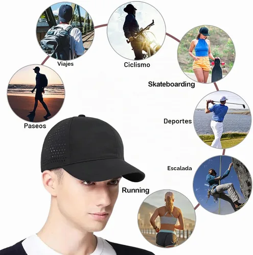 Vista 6 de Enwokran Gorra de béisbol deportiva de secado rápido para hombre, gorra atlética ajustada de malla ajustable, gorra lisa para correr, gorra de Negro