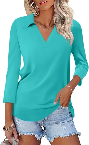 Vista 28 de TICTICMISS - Camisas polo de cuello en V para mujer, manga 3/4, con cuello, tops casuales de negocios, tops de verano a la moda, holgados