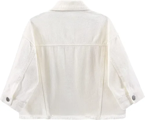 Vista 2 de Kedera Chaqueta de mezclilla desgastada y recortada para mujer, con flecos y dobladillo deshilachado