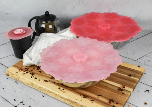 Vista 3 de Charles Viancin Tapas de silicona - Fundas de silicona de geranio para tazón/tapa hermética (9 pulgadas, rosa claro)