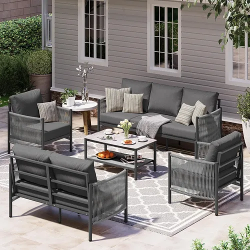 Vista 30 de Sofá de dos plazas de aluminio para patio exterior, sofá de patio de cuerda HDPE con cojín grueso lavable, muebles de patio para todo tipo de clima