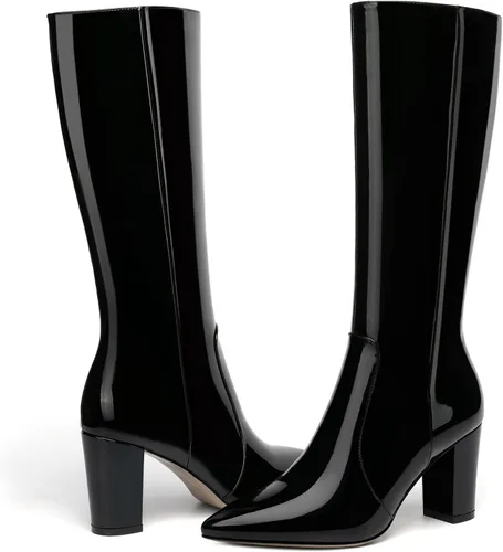 Vista 83 de AMBELIGHT Botas altas hasta la rodilla con cremallera y puntera puntiaguda para mujer, de patente sólida, tacón alto, 3.3 pulgadas