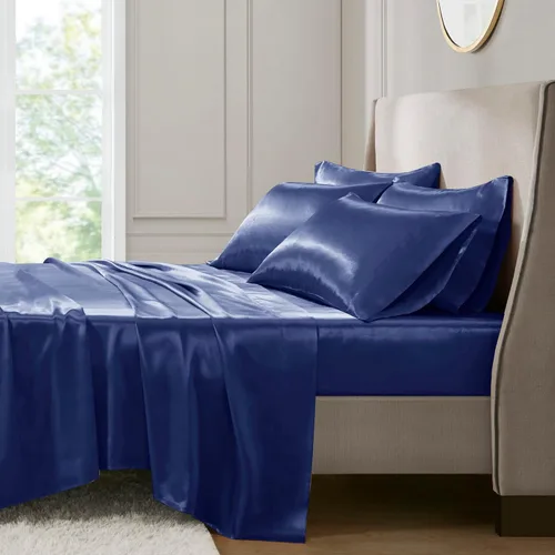 Vista 29 de Madison Park Essentials - Juego de sábanas de satén de lujo y sedoso con brillo natural, bolsillo elástico de 14 pulgadas para colchones de hasta 16