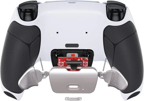 Vista 7 de eXtremeRate Silver Real Metal Buttons (RMB) Version RISE 2.0 Remap Kit for PS5 Controller with Black Rubberized Grip White Back Shell, Upgraded