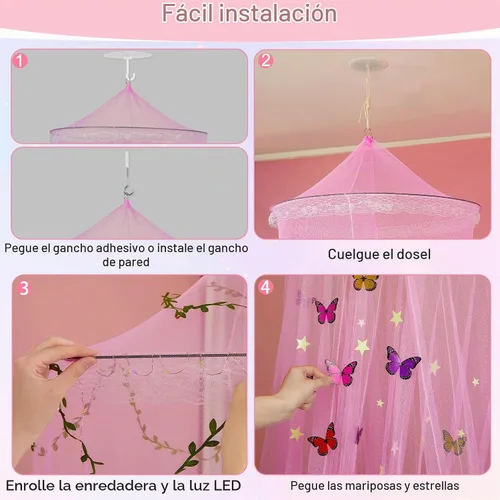 Vista 3 de FIOBEE Toldo de Cama para Habitación de Niñas, Cortinas de Dosel con Luces LED, Mosquitero con Red de Malla, Decoración DIY de Habitación