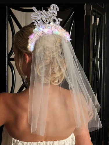 Vista 7 de EARENT Diadema iluminada de tul blanco con luces LED, velos cortos de boda, regalo de despedida de soltera, despedida de soltera, decoración