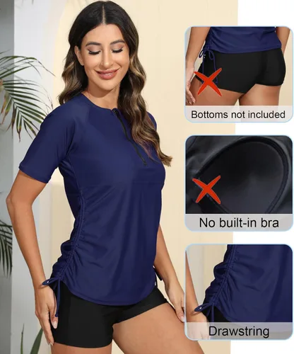 Vista 4 de Halcurt Camiseta de natación de manga corta con media cremallera para mujer, con cordón de ajuste, UPF50+