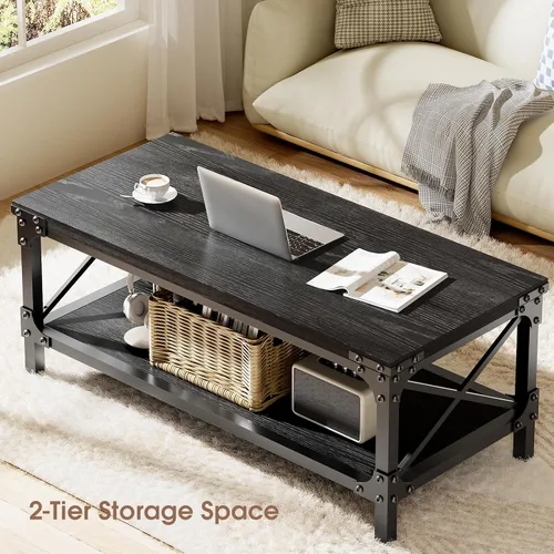 Vista 6 de Mesas de centro rectangulares para sala de estar, mesa de centro rectangular de madera, mesa de centro industrial moderna de 2 niveles con tablero